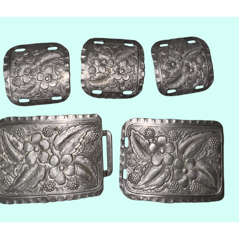 Stamped Metal Floral Belt Buckle Set 5 Pcs Decorative concho